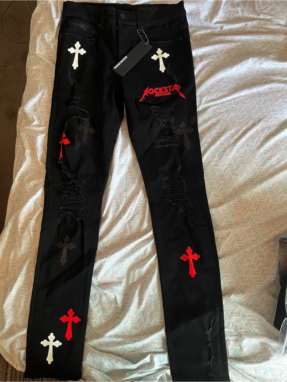 Rockstar Original Black Skinny Jeans with Red & White Cross Appliqués